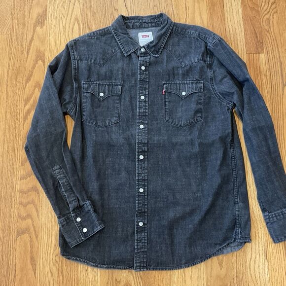 Levis Denim Pearl Snap Shirt Men Large Black Western Yoke Rodeo Ranch Heritage - Picture 1 of 8